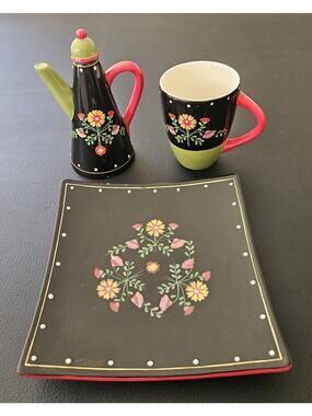 Vintage Living Art Hand Painted Serving Set of 3 Plate Mug Pitcher Gypsy Pattern